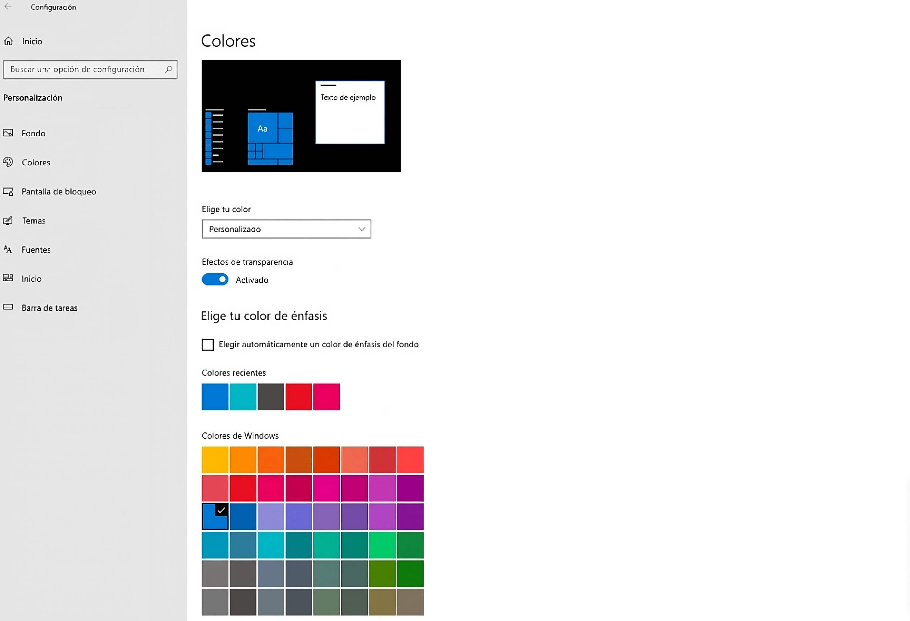 Configuración de colores y diseño de ventanas en Windows 10